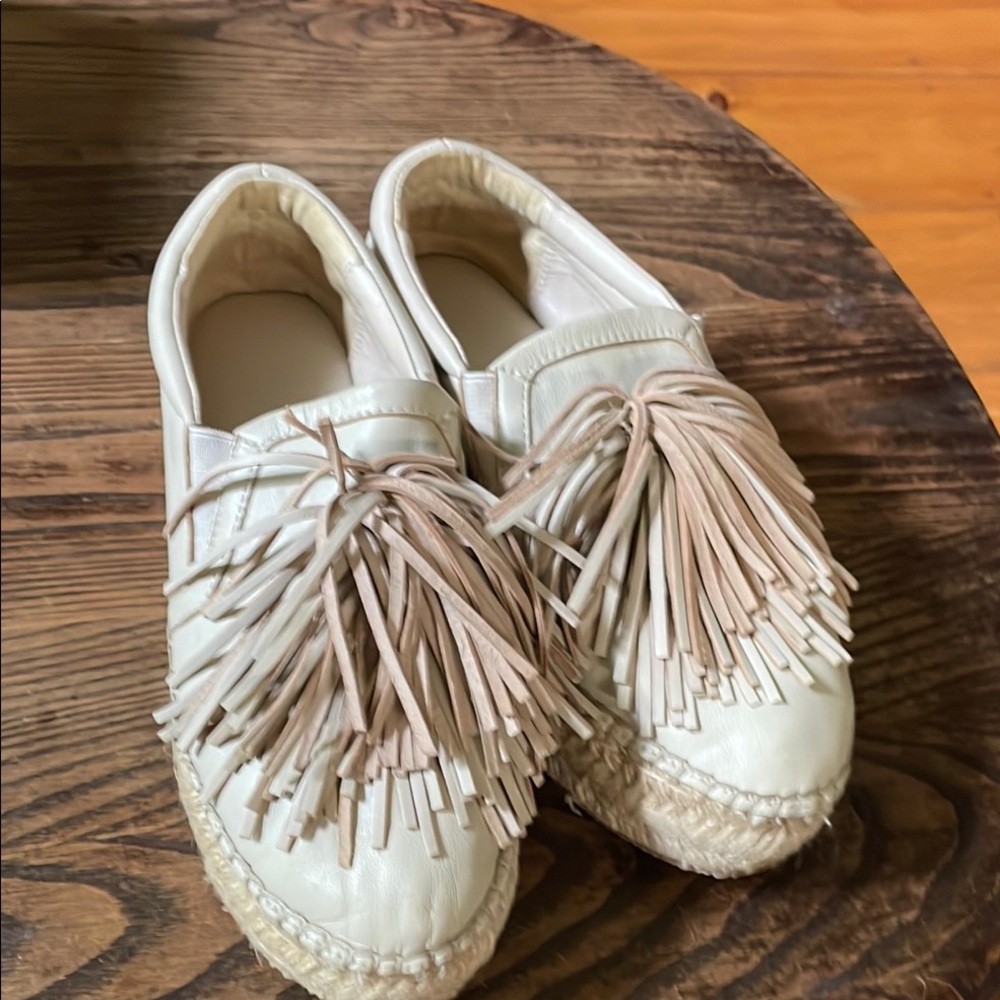Renvy White and Tan Espadrilles with Fringe Detail